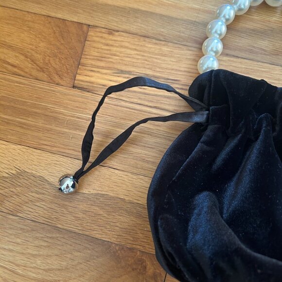 Black Velvet Drawstring Mini Purse With Pearl Handle & Satin Ribbon Accents - Picture 3 of 8